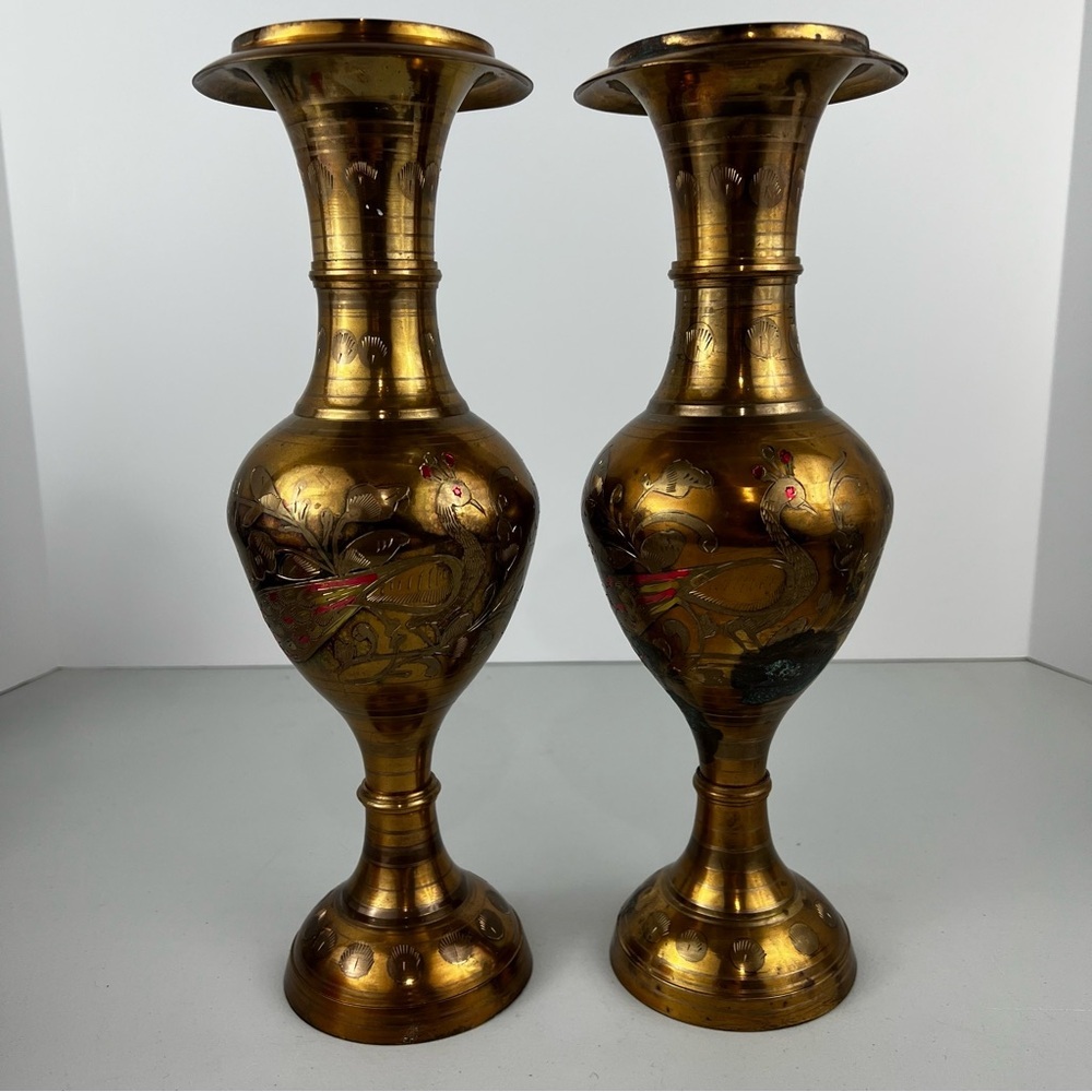 Vintage Brass Hand Etched Vases